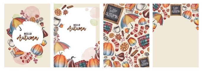 Fototapeta na wymiar Watercolor hand drawing autumn decoration background with lettering poster set. Use for poster, print, card, postcard, banner, harvest festival, shop, textile, template, wedding, birthday