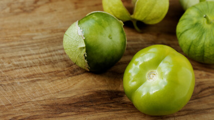 Tomatillo Mexican husk tomato fresh green fruits. Own organic fruits.