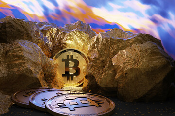 Shiny bitcoins amidst gold nuggets
