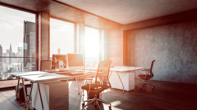 Interior of office with sunlight streaming through window