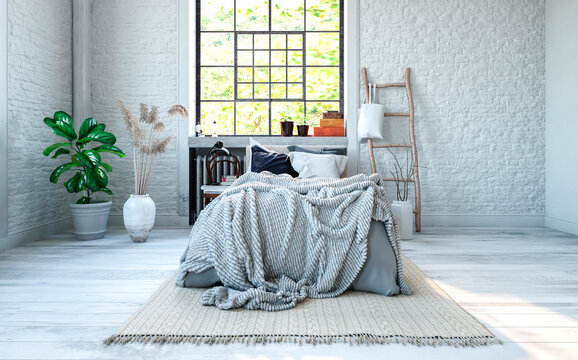 Cozy empty bedroom with country style design and double bed