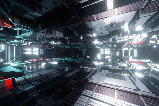 Three dimensional render of intricate architecture resembling inside of electronic device