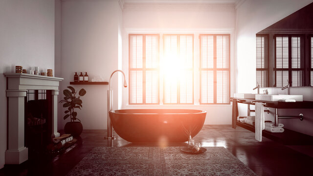 Sunlight streaming though windows of modern bathroom