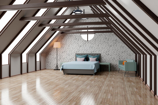 Three dimensional render of attic bedroom with shiny wooden floor