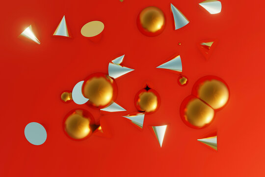 Three dimensional render of various cones and spheres lying against vibrant red background