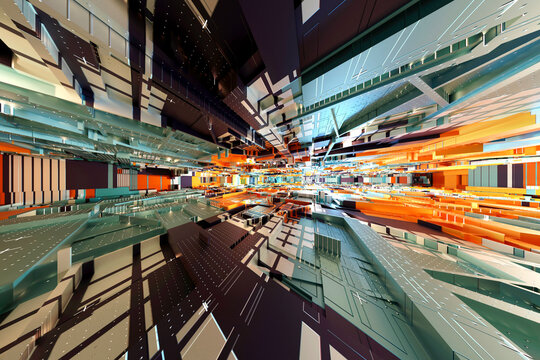 Three dimensional render of intricate architecture resembling inside of electronic device