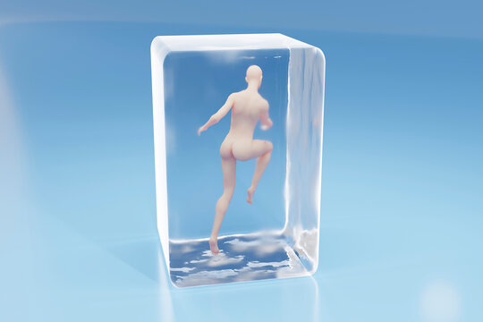 Woman inside ice cube against blue background
