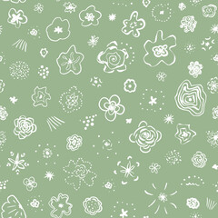 Doodled botanical and geometrical scribble elements seamless repeat pattern. Random placed, vector abstract shapes all over surface print on sage green background.