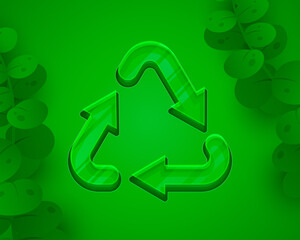 Recycling sign, triangular looped arrows, green icon white background. Vector