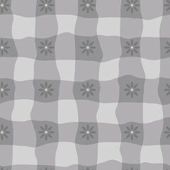 Watercolor effect gingham and flower vector seamless pattern background. Organic floral and irregular stripes painterly grid plaid backdrop. Monochrome grey crinkle faux cloth repeat for packaging