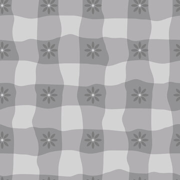 Watercolor effect gingham and flower vector seamless pattern background. Organic floral and irregular stripes painterly grid plaid backdrop. Monochrome grey crinkle faux cloth repeat for packaging
