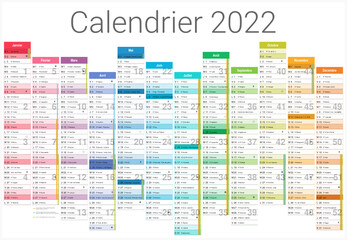 Calendrier 2022 12 mois avec vacances scolaires officielles au format 650x450mm entièrement modifiable via calques et texte arial	
