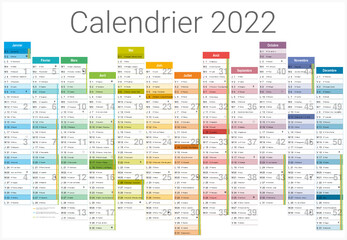 Obraz premium Calendrier 2022 12 mois avec vacances scolaires officielles au format 650x450mm entièrement modifiable via calques et texte arial 