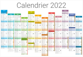 Obraz premium Calendrier 2022 12 mois avec vacances scolaires officielles au format 650x450mm entièrement modifiable via calques et texte arial 