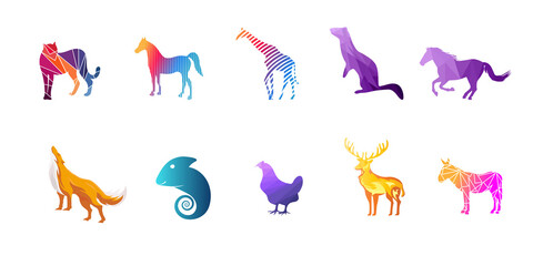 Obraz premium collection of animal designs with red, light green and yellow gradations of style