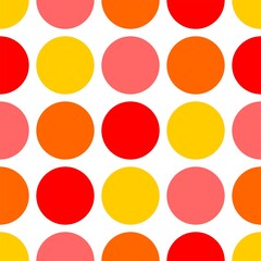 Tile vector pattern with pink, orange, red and yellow polka dots on white background for seamless decoration wallpaper