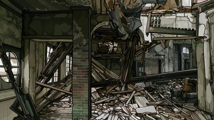 painted ruins of an old vintage two story house indoors