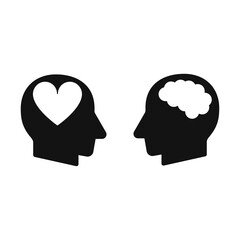 Two head silhouette with heart and brain symbols inside. Flat design