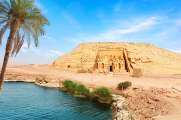 The palm on the bank of the Nile river in Abu Simbel Temple, Egypt - obrazy, fototapety, plakaty