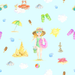 Watercolor pattern Girl on the Beach - Lovely Seamless pattern with smiling faces of the characters. Lazy, summer, sandcastles among clouds.