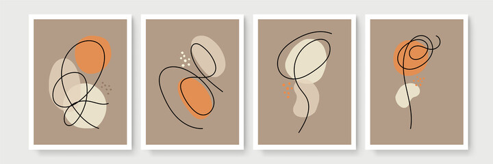 Botanical wall art vector set. Earth tone boho foliage line art drawing with abstract shape. Abstract Plant Art design for wall framed prints, canvas prints, poster, home decor, cover, wallpaper.