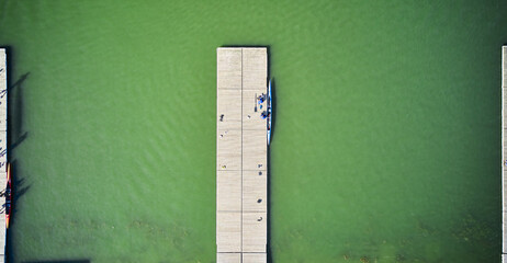 Aerial shot above the dock and canoe