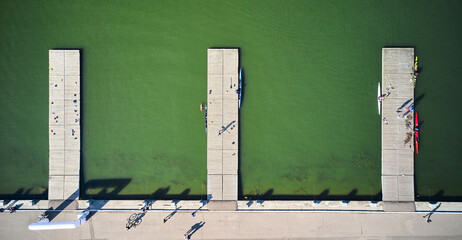 Aerial of the piers of rowing canal on the river