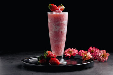 Strawberry smoothhie on black background - 445432152