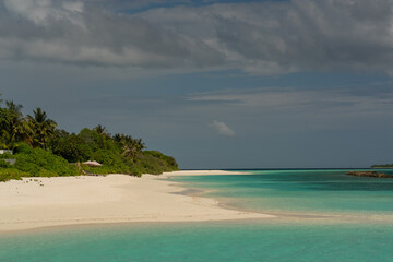 magnificent view of the coral island with a white sandy beach and dense vegetation