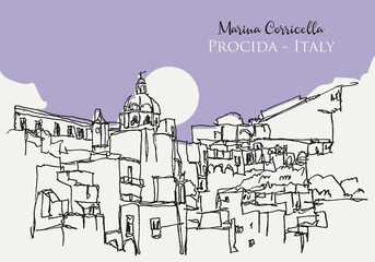Sketch illustration of Marina Corricella in Italy