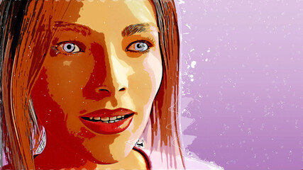 young woman cartoon comic blonde hair eyes pink shirt studio portrait illustration