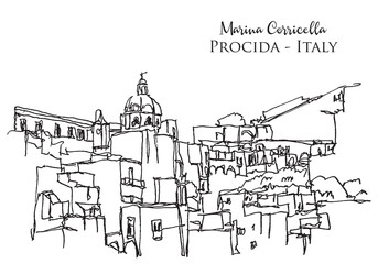 Sketch illustration of Marina Corricella in Italy