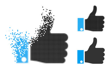 Erosion pixelated thumb up pictogram with destruction effect, and halftone vector icon. Pixelated disappearing effect for thumb up reproduces speed and movement of cyberspace abstractions.