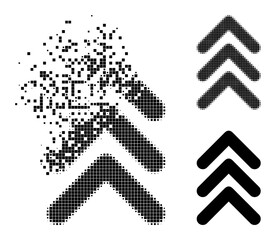 Shredded pixelated triple arrowhead up pictogram with wind effect, and halftone vector icon. Pixelated dissipation effect for triple arrowhead up gives speed and movement of cyberspace things.