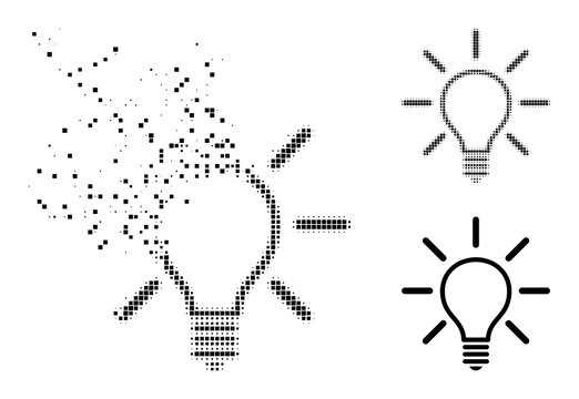 Fragmented pixelated light bulb pictogram with destruction effect, and halftone vector pictogram. Pixelated dissolving effect for light bulb gives speed and motion of cyberspace items.