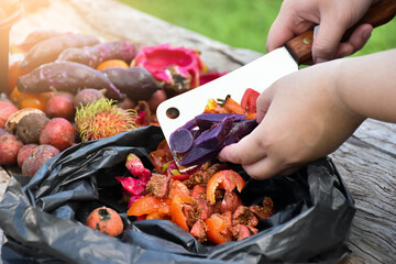 Homeowner is slicing rotten fruits and vegetables on wooden table in the backyard to mix together for composting. Soft and selective focus on fruits, concept for waste management at home.