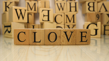 The word Clove was created from wooden letter cubes. Gastronomy and spices.