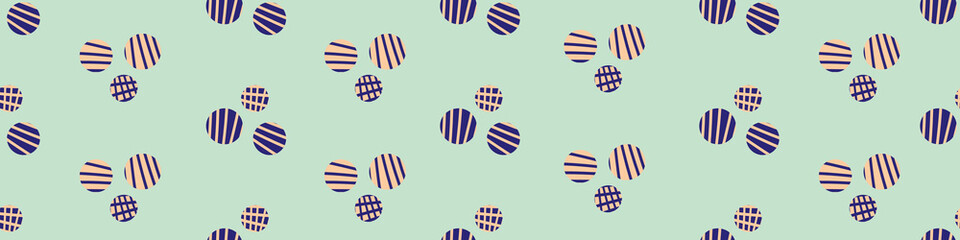 Ditsy vector polka dot border with scattered hand drawn groups of small striped circles in orange, blue indigo purple. Seamless dense dotted border. Modern round circle design for ribbon, edging, trim
