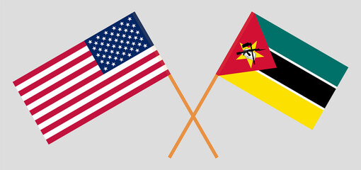Crossed flags of the USA and Mozambique. Official colors. Correct proportion
