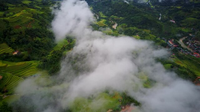 The Cloud on Terrace Top Down View at Ha Giang by drone, move forward shot, 4K 30FPS