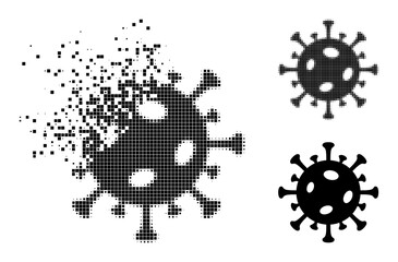 Dissolved pixelated covid virus pictogram with destruction effect, and halftone vector pictogram. Pixelated disappearing effect for covid virus demonstrates speed and motion of cyberspace matter.