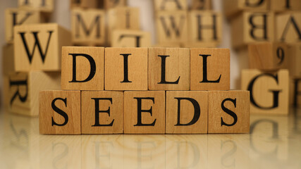 The word Dill seeds was created from wooden letter cubes. Gastronomy and spices.