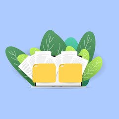 Laptop with  ￼Document and plant isolated on blue background, illustration vector EPS 10￼