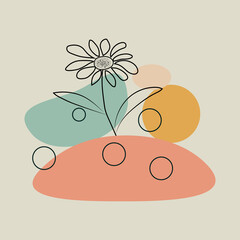 Abstract linear drawing. A flower on a background of multicolored spots. Modern design for social networks, covers and presentations.