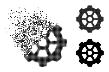 Dust pixelated gear icon with wind effect, and halftone vector symbol. Pixelated defragmentation effect for gear gives speed and motion of cyberspace things.