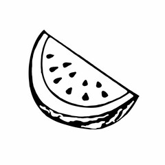 Doodle slice of watermelon on a white background.The vector slice can be used in summer designs, menus,textiles, and coloring pages.
