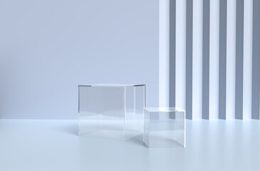 Cube Box minimal scene with glass geometric platform. Background vector 3d rendering crystal glass podium platform. stand cosmetic products. Stage showcase on pedestal glass 3d studio blue platform - obrazy, fototapety, plakaty