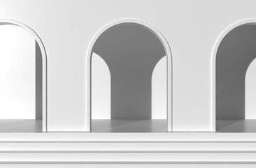 Scene with geometrical forms, white arch with minimal background. 3D rendering.