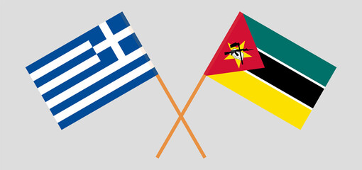 Crossed flags of Greece and Mozambique. Official colors. Correct proportion
