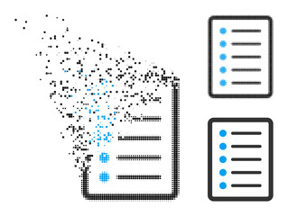 Disappearing pixelated list page glyph with destruction effect, and halftone vector pictogram. Pixel disappearing effect for list page reproduces speed and movement of cyberspace matter.